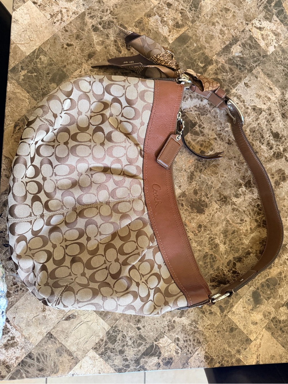 Coach Beige Signature Canvas Hobo with Brown Leather Trim
